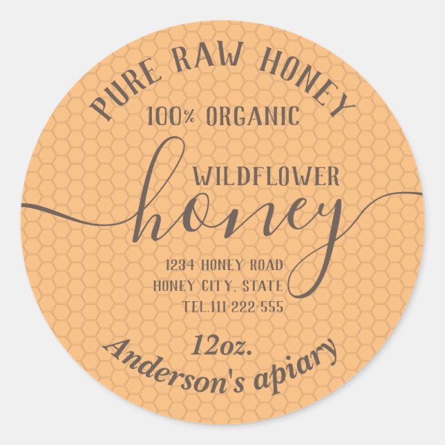 Simple modern honey comb honey jar classic round sticker (Front)