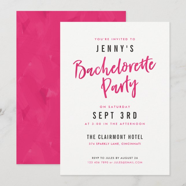 Simple Modern Hot Pink Bachelorette Party Invites (Front/Back)