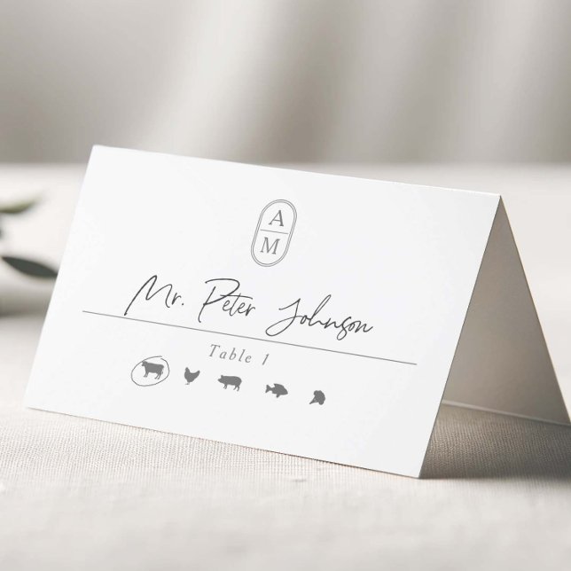 Simple modern initials with meal options wedding place card (Creator Uploaded)