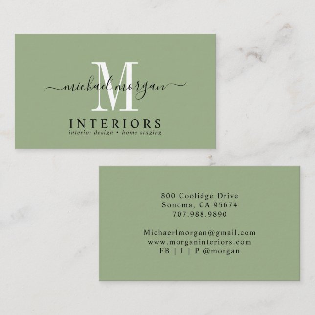 Simple Modern Interior Designer Script Sage Green Business Card (Front/Back)