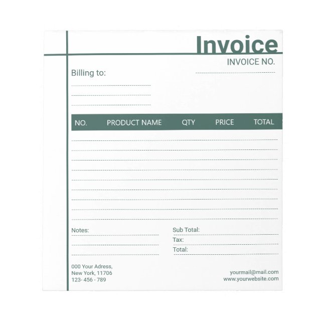 Simple Modern Invoice Sales Receipt Green Business Notepad (Front)