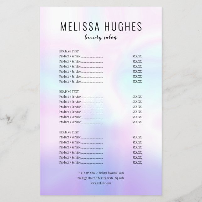 Simple Modern Iridescent Salon Service Menu (Front)