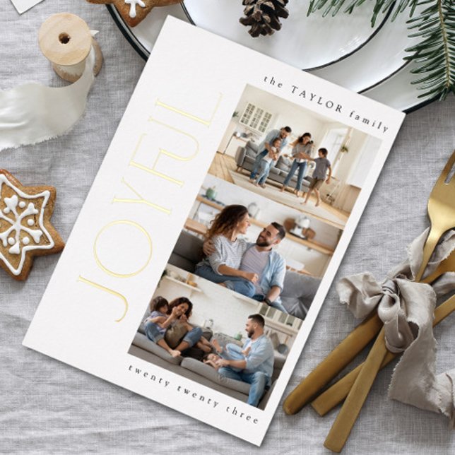 Simple Modern Joyful Family 3 Photo Christmas Gold Foil Holiday Card (Creator Uploaded)