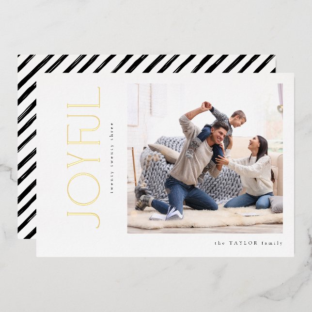 Simple Modern Joyful Family Photo Christmas Gold  Foil Holiday Card (Front/Back)