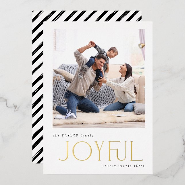 Simple Modern Joyful Family Photo Christmas Gold Foil Holiday Card (Front/Back)