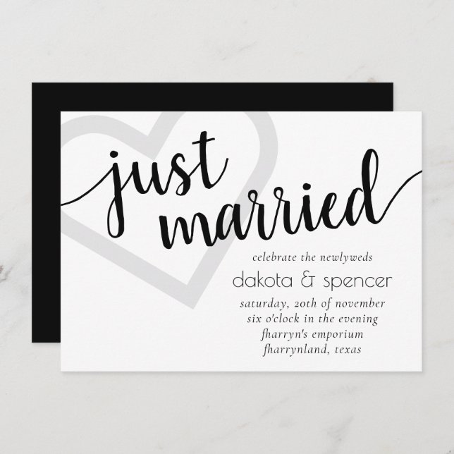 Simple Modern Just Married | Black Heart Reception Invitation (Front/Back)