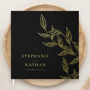 Simple Modern Leaves Black Wedding Gold Guest Book