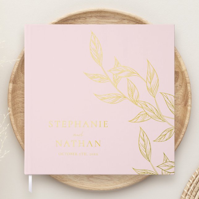 Simple Modern Leaves Blush Pink Wedding Gold Guest Book (Creator Uploaded)