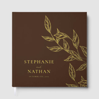 Simple Modern Leaves Dark Brown Wedding Gold Guest Book