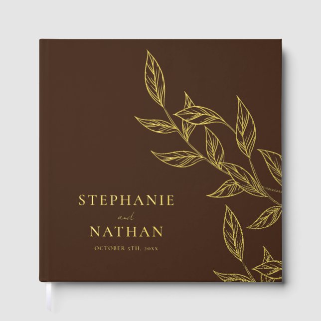 Simple Modern Leaves Dark Brown Wedding Gold Guest Book (Front)