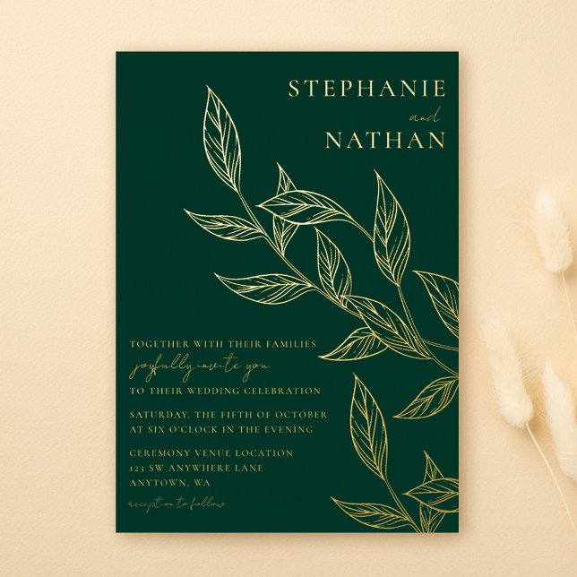 Simple Modern Leaves Emerald Green Wedding Gold (Creator Uploaded)