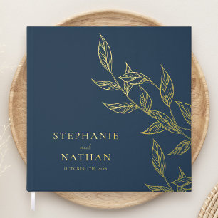 Simple Modern Leaves Navy Blue Wedding Gold Guest Book