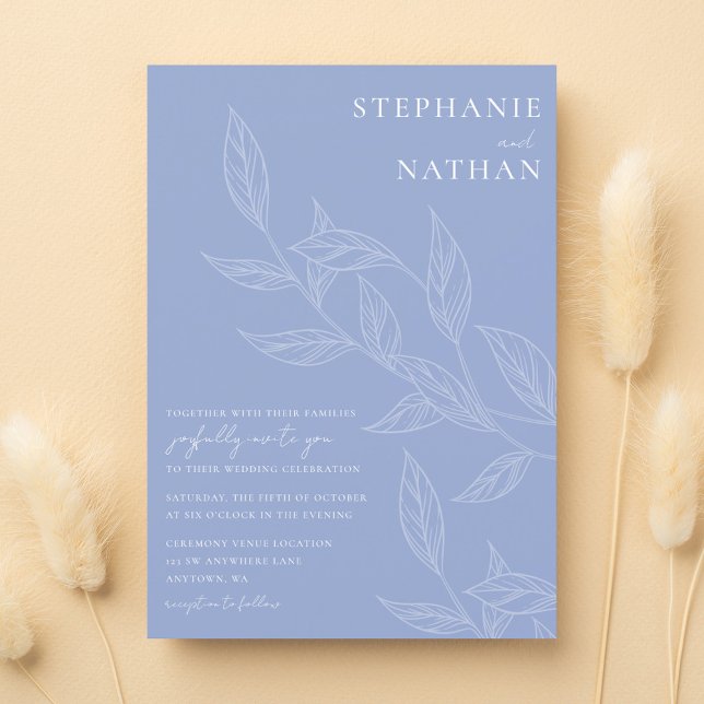 Simple Modern Leaves Periwinkle Wedding Invitation (Creator Uploaded)