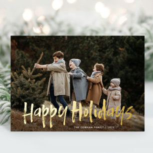 Simple Modern Lettering Two Photo Happy Holidays Foil Holiday Card