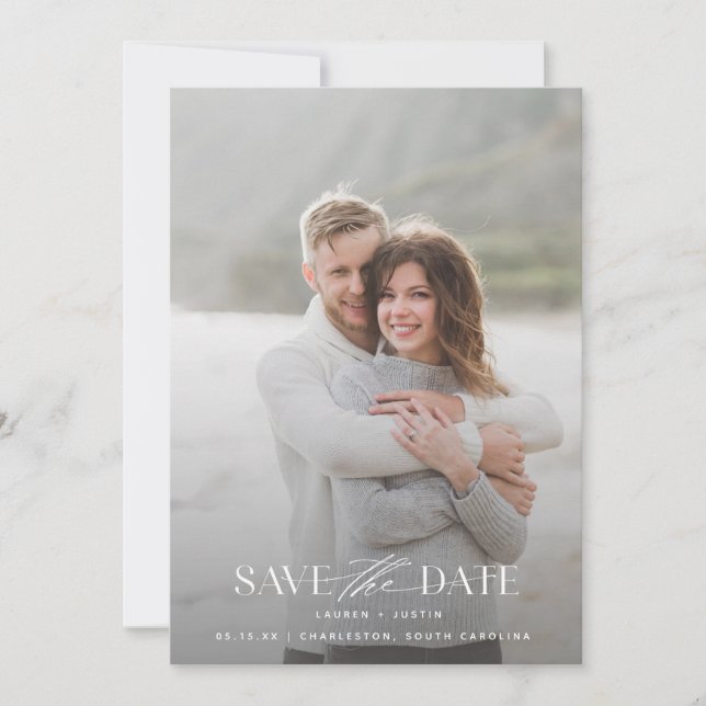 Simple Modern Light Blue & White Photo Wedding Sav Save The Date (Front)