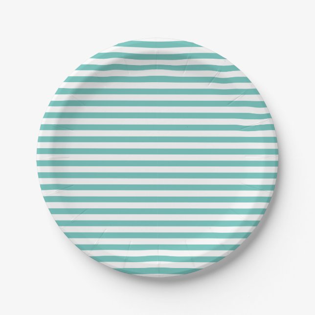Simple Modern Light Teal and White Striped Paper Plate (Front)