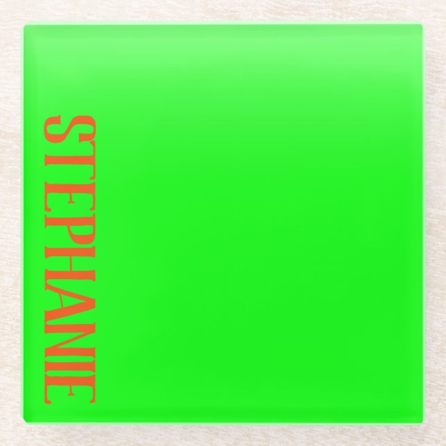 Simple & Modern Lime Green & Orange - Personalised Glass Coaster (Front)