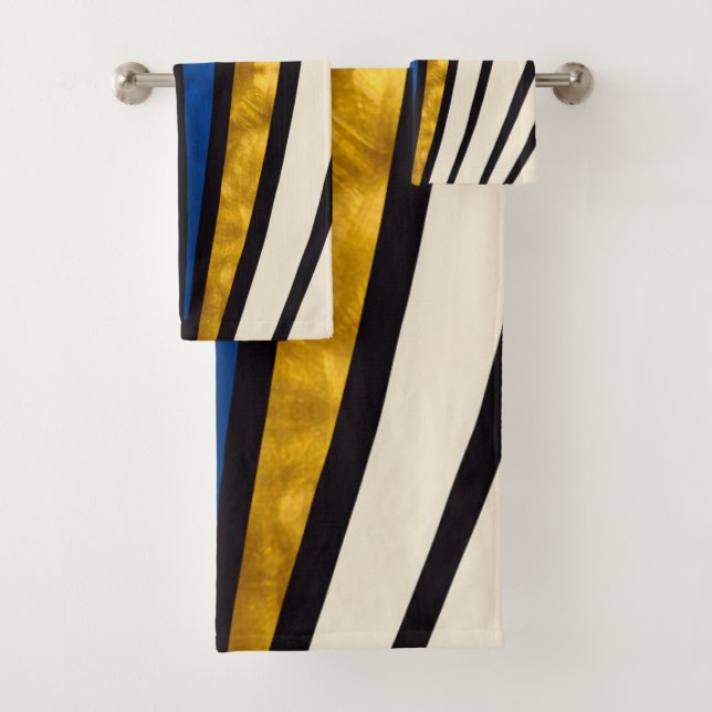 Simple, modern, lines, gold, blue, cream bath towel set (Insitu)