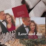 Simple Modern | Love and Joy with Photo Holiday Card<br><div class="desc">This simple and stylish holiday photo card says "Love and Joy" in bold,  white elegant modern typography with your favourite personal family photo across the front of the card. Your personal holiday message can go on the back,  with a minimalist red and white design.</div>