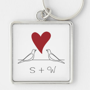 Simple Modern Love Birds Red Heart Monogram Key Ring
