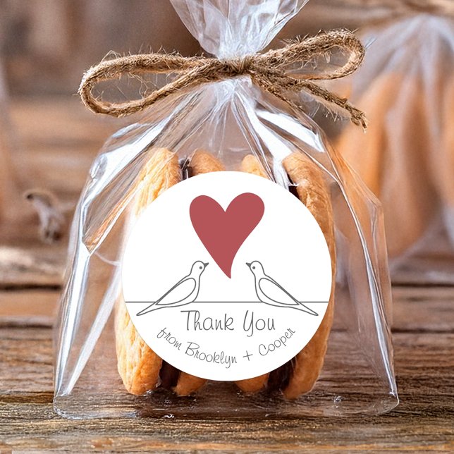 Simple Modern Love Birds Red Heart Thank You Classic Round Sticker (Creator Uploaded)