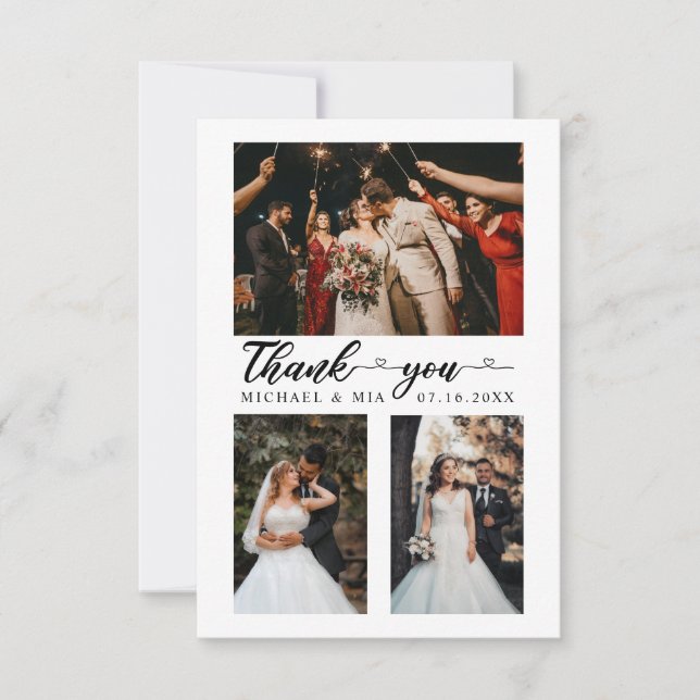 Simple Modern Love Heart Script 4 Wedding Photo Thank You Card (Front)