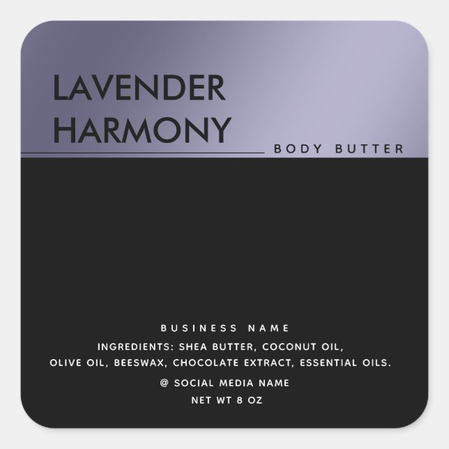 Simple modern luxury typography black lavender squ square sticker (Front)