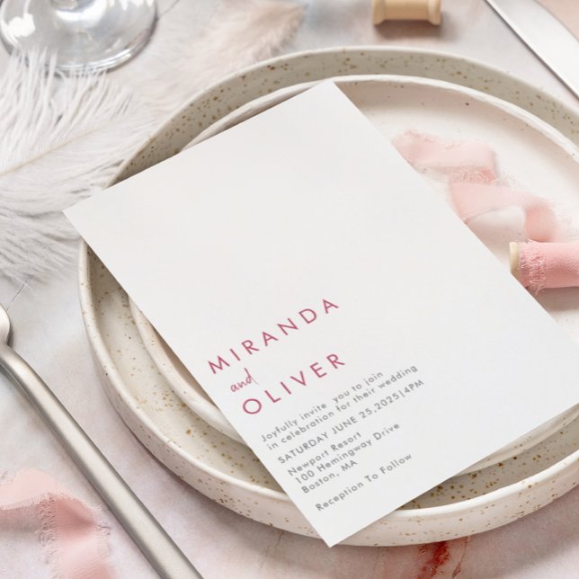 Simple Modern Magenta White Monogram Wedding Invitation (Creator Uploaded)