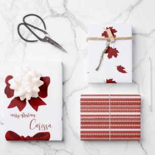 Simple Modern Maple Leaves Red Christmas Bow Wrapping Paper Sheet