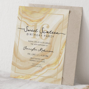 Simple Modern Marble Sweet 16 Sixteen Party Gold Invitation