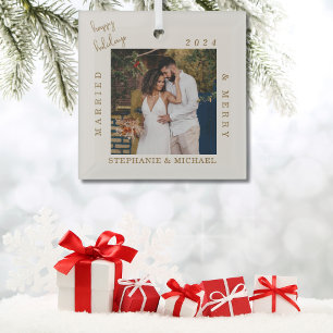 Simple Modern Married & Merry Gold Script Photo Glass Tree Decoration