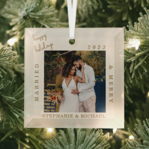 Simple Modern Married & Merry Gold Script Photo Glass Tree Decoration