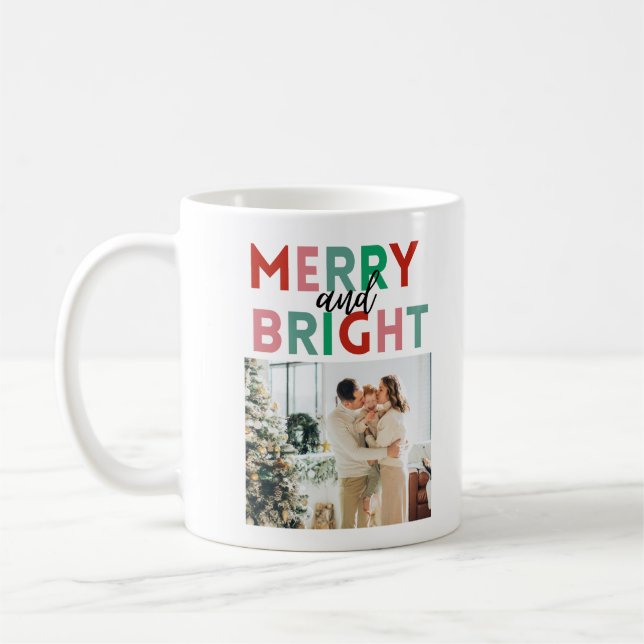 Simple Modern Merry & Bright Colourful One Photo Coffee Mug (Left)