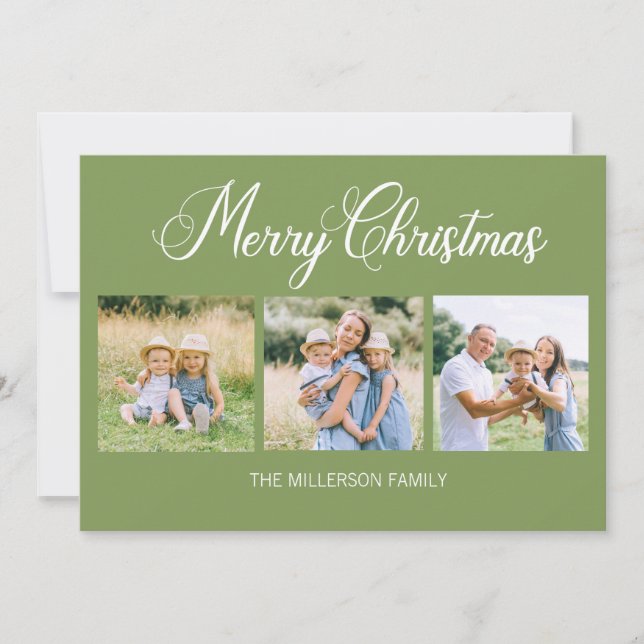 Simple Modern Merry Christmas 3 Photo Green  Holiday Card (Front)