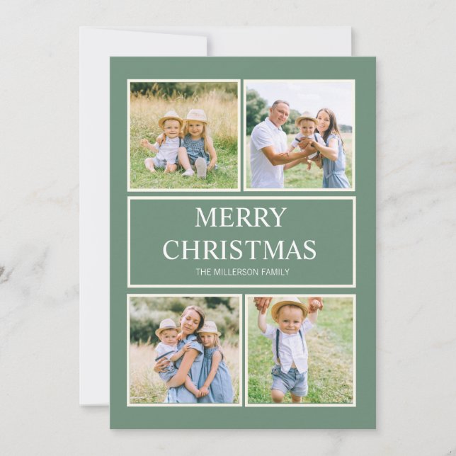 Simple Modern Merry Christmas 4 Family Photo Green Holiday Card (Front)
