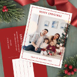 Simple Modern Merry Christmas Family Photo Holiday Postcard<br><div class="desc">Celebrate the season with a Simple Modern Merry Christmas Family Photo Holiday Postcard. Featuring your cherished family photo framed with a classic red and white colour scheme, this postcard is both stylish and festive. The clean design emphasises the warmth and joy of the holidays, offering your loved ones a personal...</div>