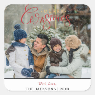 Simple Modern Merry Christmas Family Photo Square Sticker