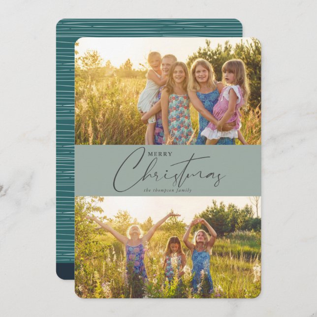 Simple Modern Merry Christmas Green Script Photo Holiday Card (Front/Back)