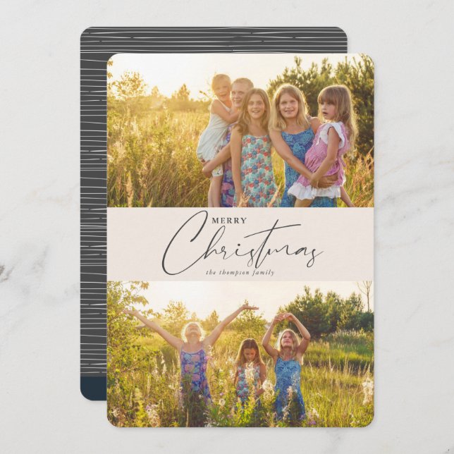 Simple Modern Merry Christmas Grey Script Photo Holiday Card (Front/Back)