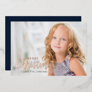 Simple Modern Merry Christmas Photo Rose Gold Foil Holiday Card