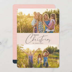 Simple Modern Merry Christmas Pink Script Photo Holiday Card