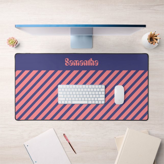 Simple Modern Midnight Blue Light Coral Stripes Desk Mat (Office 1)