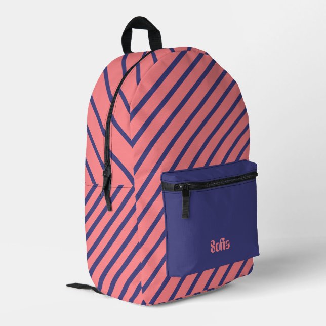 Simple Modern Midnight Blue Light Coral Stripes Printed Backpack (Back Corner Left)