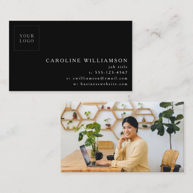 Simple Modern Minimal Black Background Logo Photo  Business Card (Front/Back)