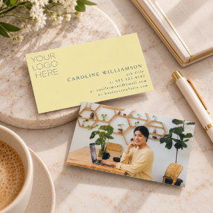 Simple Modern Minimal Butter Yellow Logo Photo Business Card