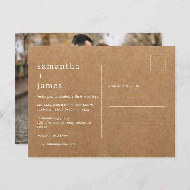 Simple Modern Minimal Faux Kraft Photo Wedding Invitation Postcard (Front/Back)
