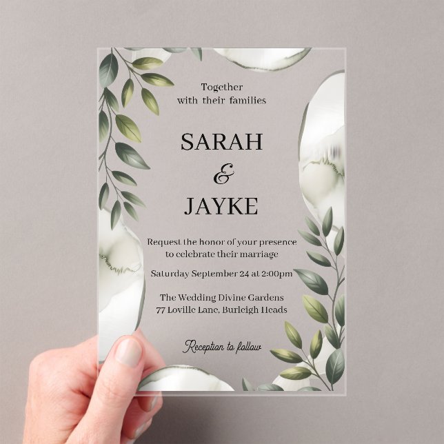 Simple Modern Minimal Green Leaf Wedding Acrylic  Acrylic Invitations (Insitu (Handheld))