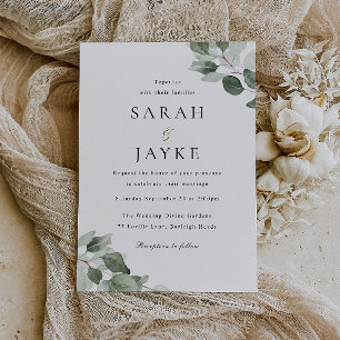 Simple Modern Minimal Green Leaf Wedding Invitation