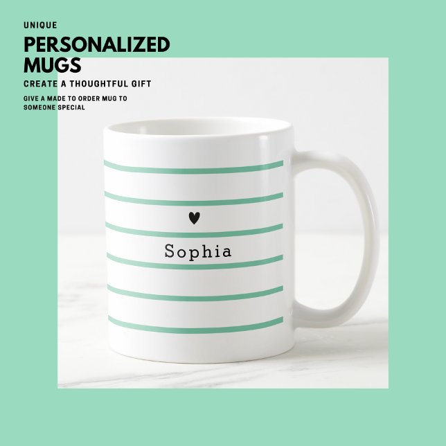 Simple Modern Minimal Heart Green Stripe Monogram Coffee Mug (Creator Uploaded)