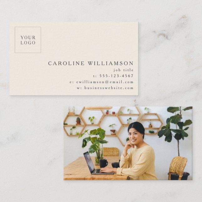 Simple Modern Minimal Ivory Cream Logo Photo  Business Card (Front/Back)